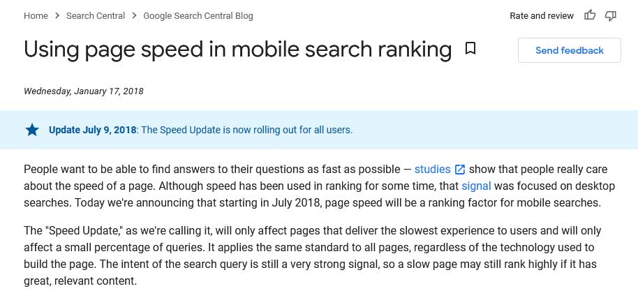 Using Page Speed in Mobile Search Ranking